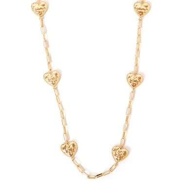 Mehri Long Necklace in gold with beautiful hammered textured heart pendants along a wide link chain